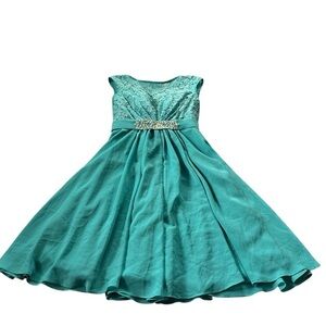 JJ House Dress Formal Teal Fit & Flare Sequins & Bow Belt Prom Wedding Size 4